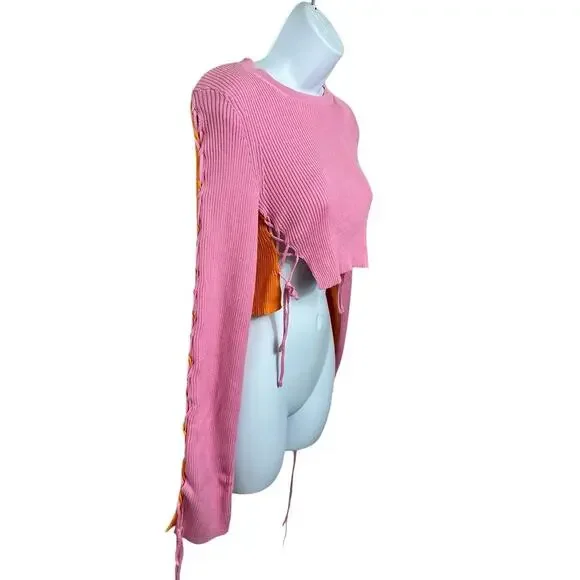 ButterMelon Pink and Orange Lace Up Sweater Size Small Ribbed Crop Top Fashion - Picture 9 of 12